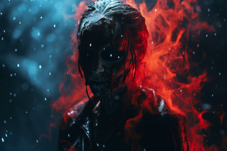 a woman in the rain with fire coming out of her eyesの素材