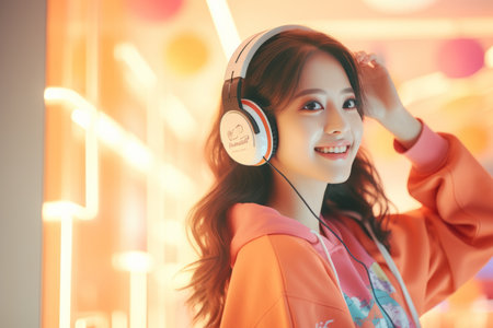 a woman in an orange shirt is wearing headphonesの素材