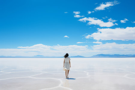 a woman in a white dress stands in the middle of a salt flatの素材