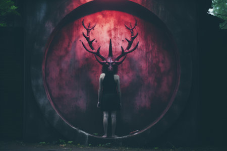 a woman is standing in front of a red wall with a deer head on itの素材
