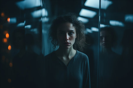 a woman is standing in a dark hallwayの素材