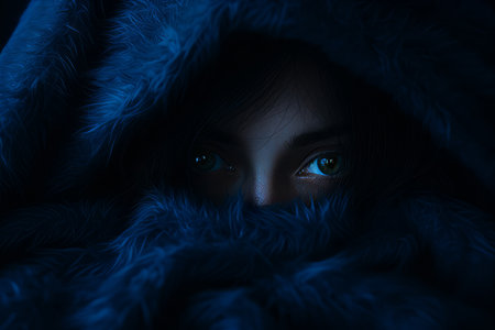 a woman peeking out from under a blue blanketの素材