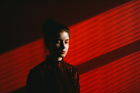 a woman is standing in front of a red wallの素材