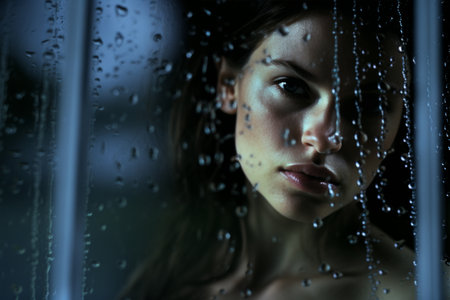 a woman looking through a window with rain drops on her faceの素材