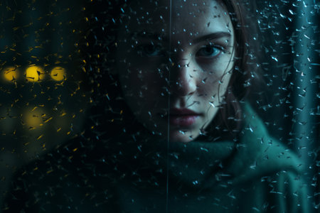 a woman looking through a window with raindrops on itの素材