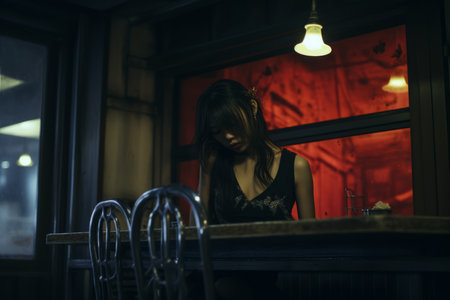 a woman sitting at a table in a dimly lit roomの素材