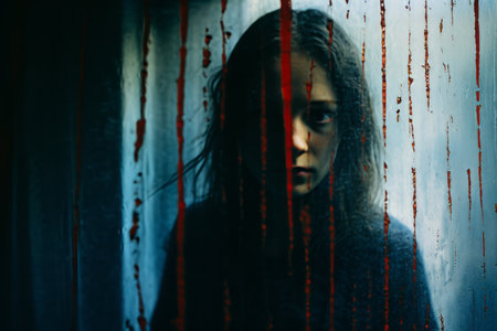 a woman is standing in front of a window with blood on itの素材