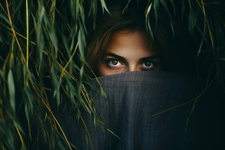 a woman peeking out from behind the leaves of a treeの素材