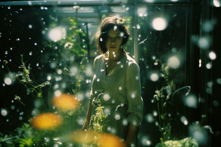 a woman standing in a greenhouse surrounded by water dropletsの素材