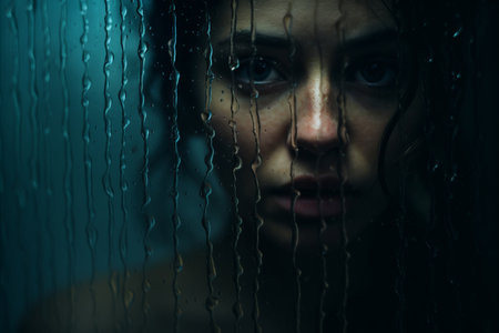 a woman looking through a window with rain drops on her faceの素材