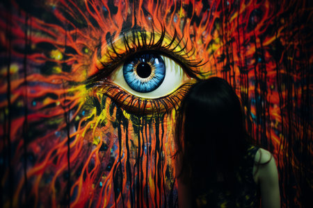 a woman standing in front of a painting with an eyeの素材