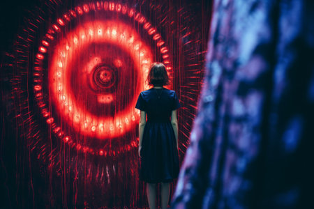 a woman standing in front of a large red circleの素材
