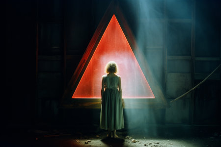 a woman standing in front of a triangle shaped lightの素材