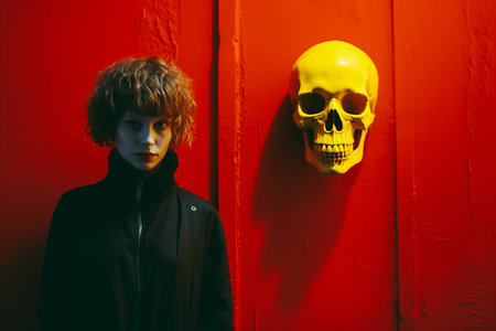 a woman standing in front of a red wall with a yellow skull on itの素材