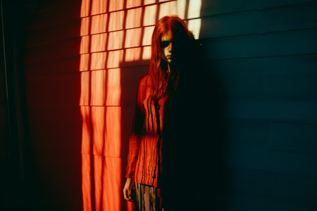 a woman standing in front of a red lightの素材