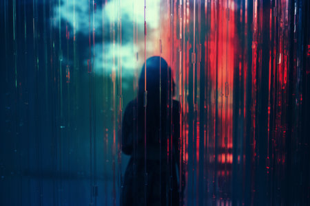 a woman standing in front of a red and blue curtainの素材
