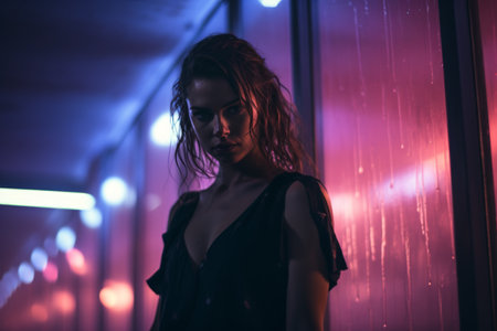 a woman standing in front of neon lightsの素材