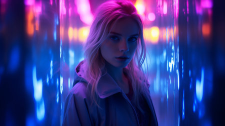 a woman standing in front of neon lightsの素材