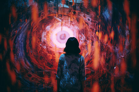 a woman standing in front of an abstract paintingの素材