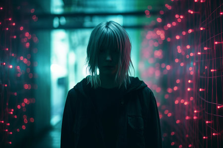 a woman standing in front of red lightsの素材