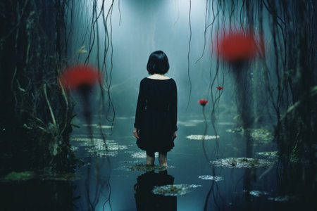 a woman standing in the middle of a swamp with red flowersの素材