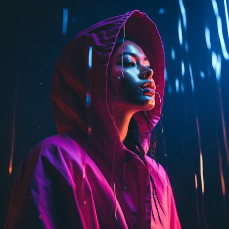 a woman wearing a pink jacket in the rainの素材