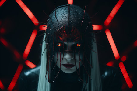 a woman wearing a black mask with red eyesの素材