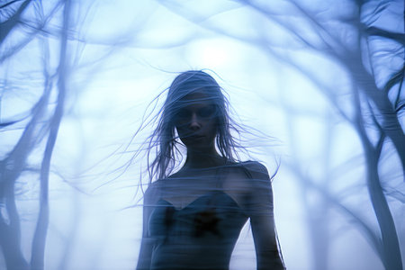 a woman standing in the woods with trees in the backgroundの素材