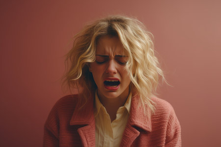a woman with blonde hair and a pink sweater is cryingの素材