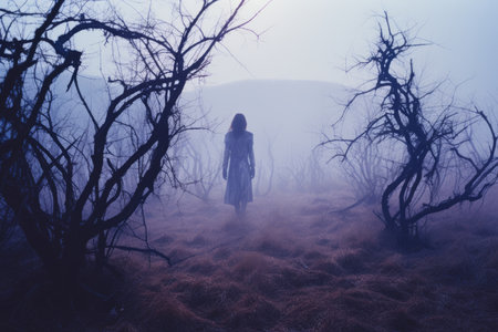 a woman standing in the middle of a foggy forestの素材