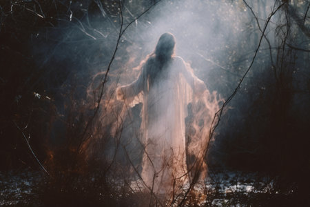 a woman standing in the woods with smoke coming out of her hairの素材