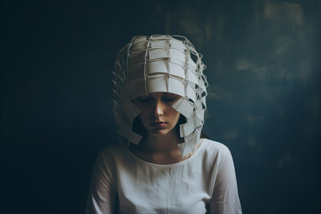 a woman wearing a paper hat on her headの素材