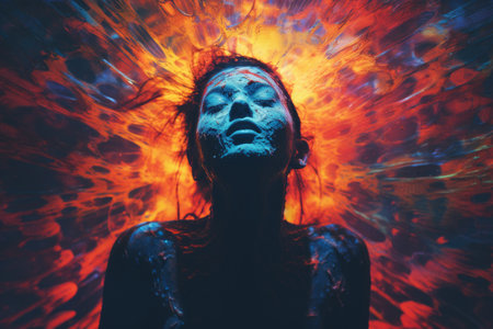 a woman with blue and red paint on her faceの素材