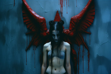 a woman with blood dripping from her head and wingsの素材