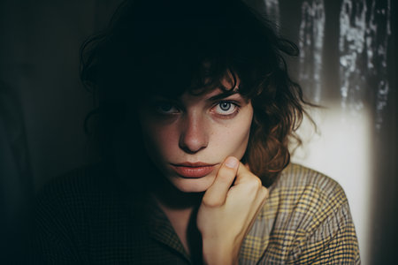 a woman with blue eyes and a checkered shirtの素材