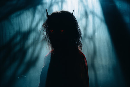 a woman with horns and red eyes in the darkの素材
