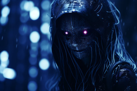 a woman with glowing eyes in the rainの素材