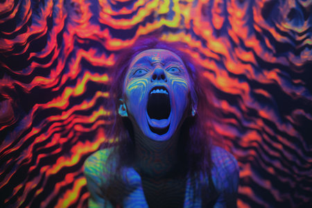 a woman with her mouth open in front of a colorful backgroundの素材