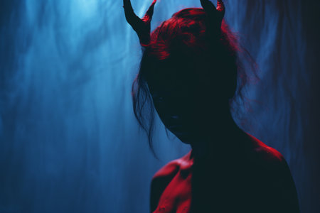 a woman with horns on her head in a dark roomの素材