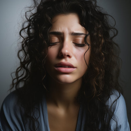 a woman with her eyes closed and a sad look on her faceの素材