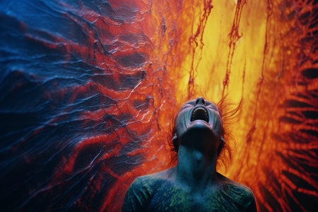 a woman with her mouth open in front of an orange and blue backgroundの素材