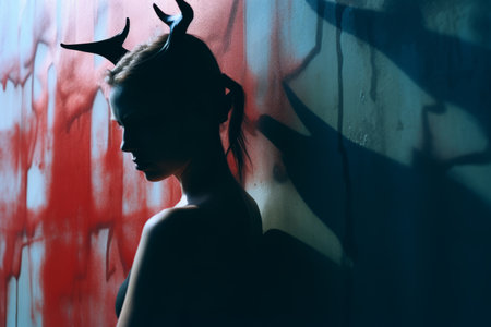 a woman with horns on her head against a wallの素材
