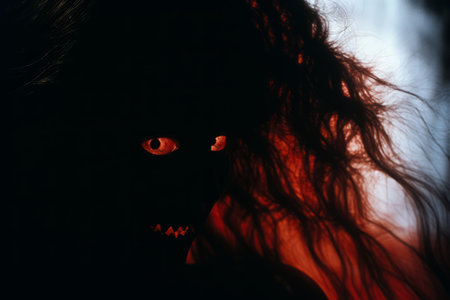 a woman with red eyes in the darkの素材