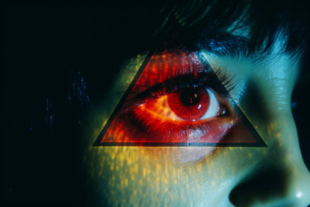 a woman with red eyes and a triangle on her faceの素材
