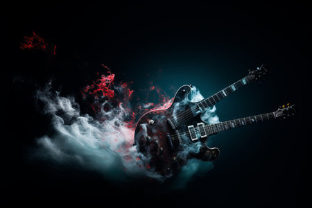 guitars in smoke on a black backgroundの素材