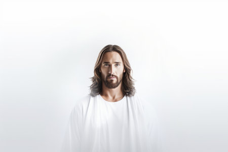 jesus christ in a white robe standing in front of a white backgroundの素材