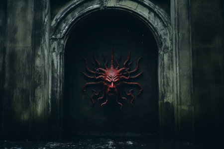 a dark door with a red dragon head on itの素材