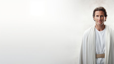 a man in a white robe standing in front of a white backgroundの素材