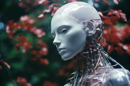 a female robot with wires attached to her headの素材