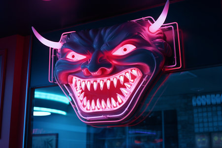 a neon sign with a devil face on it in front of a buildingの素材
